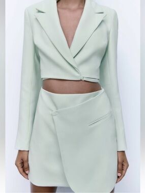 Zara Mint Green Cropped Blazer and Wrap Skirt Dress